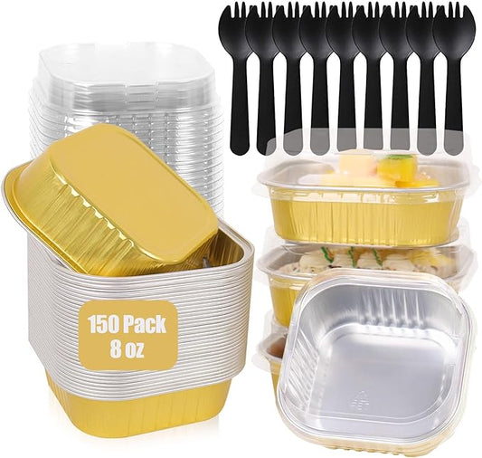 FORBFAN 150 Pack Mini Cake Pans with Lids and Spoons, 8 oz Aluminium Foil Square Brownie Baking Cups, Disposable Ramekins Cupcake Tins Gold