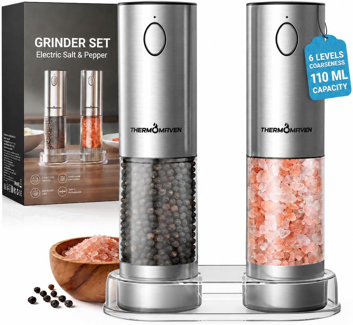 Upgraded Larger Capacity Electric Salt and Pepper Grinder Set, 110ml