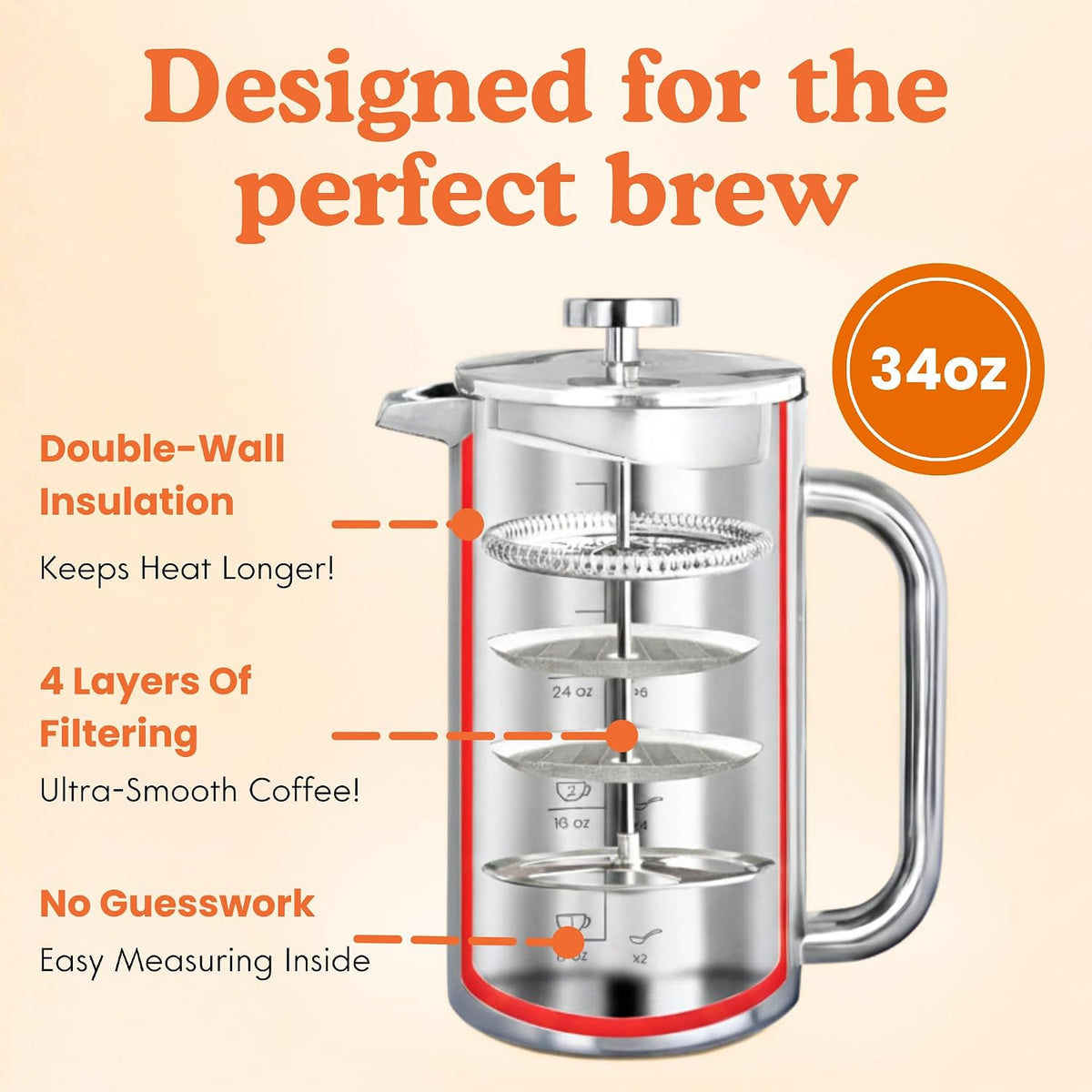 Non-Toxic Stainless Steel French Press, No Plastic or Heavy Metals, 34 oz – features