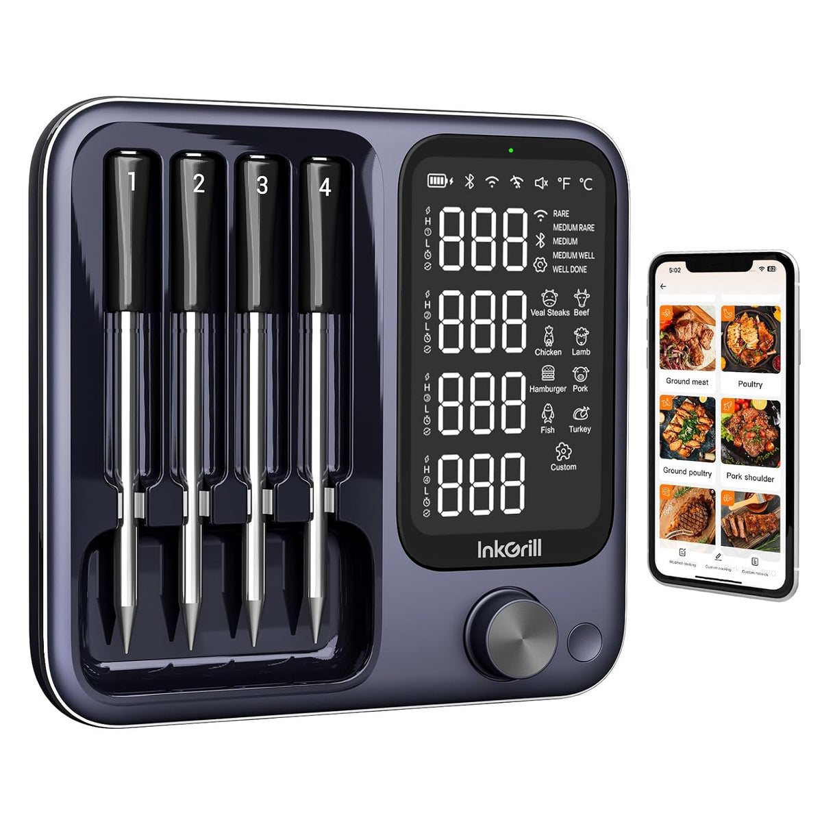 Wireless Meat Thermometer with APP Control，4 Probes Meat Thermometer Digital