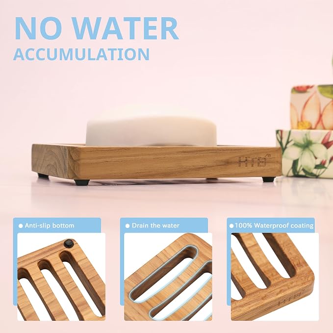 Slotted Soap Dish 2 Pack Teak Wood by HTB, Kitchen Wooden Sponge Holder - Image 5