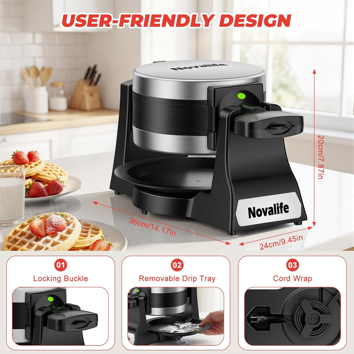 Waffle Maker, 1400W Belgian Waffle Maker, Double Waffle Iron 180° Flip, 8 – another angle