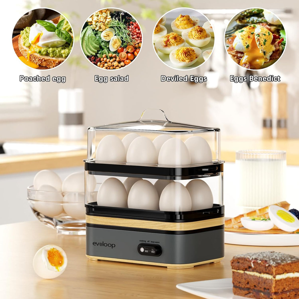 Rapid Egg Cooker Electric 12 Eggs Capacity, Soft, Medium, Hard Boiled, Poached – features