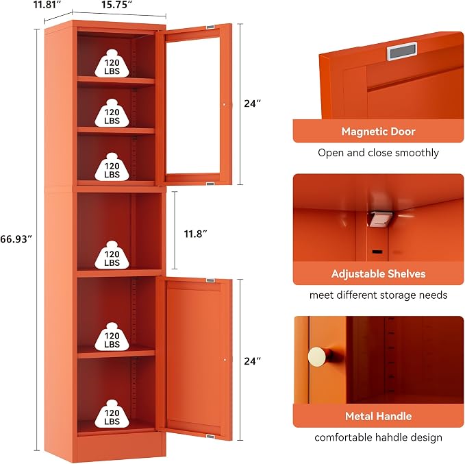 Tall Metal Pantry Cabinet, 2-Door Orange Slim Storage Organizer