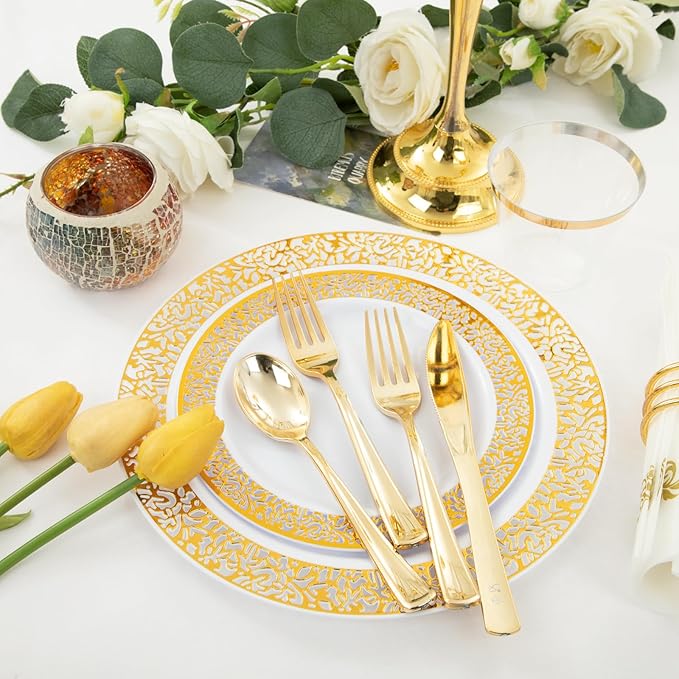Plates: Gold Plastic Disposable Set for 50 Guests, Dinner and Dessert Sizes