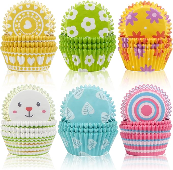 Baking Cups, 600 Pack Easter Paper Liners in 6 Bunny and Floral Designs