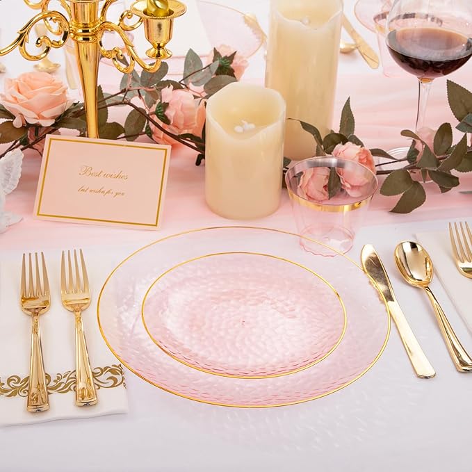 Plates for Parties: Round Pink Plastic Set with Gold Rim
