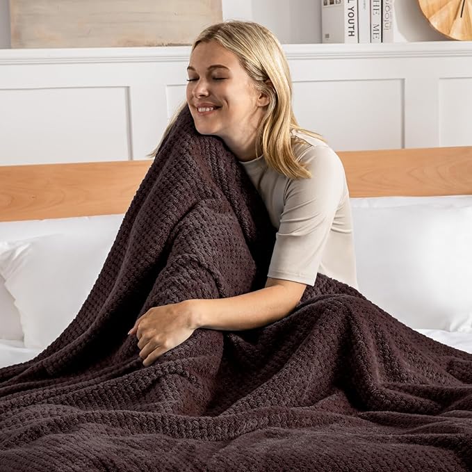 Throw Blanket in Coffee, Waffle Jacquard Flannel, Twin 90 x 66 Inches