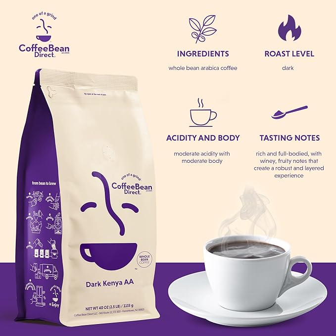 Coffee Bean Direct Dark Kenya AA, Whole Bean Coffee, Dark Roast, 2.5 Pound Bag (Pack of 1)