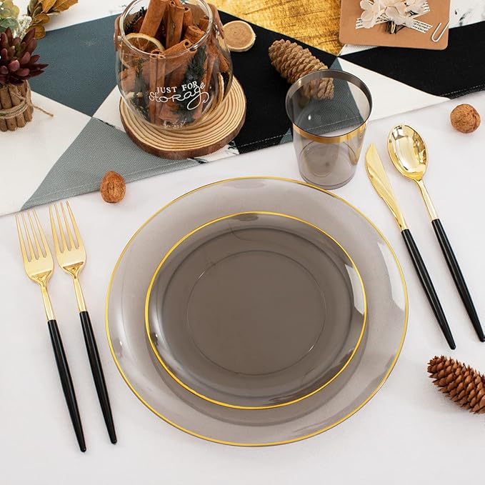 Disposable Black Plates with Gold Rim, 180-Piece Party Set