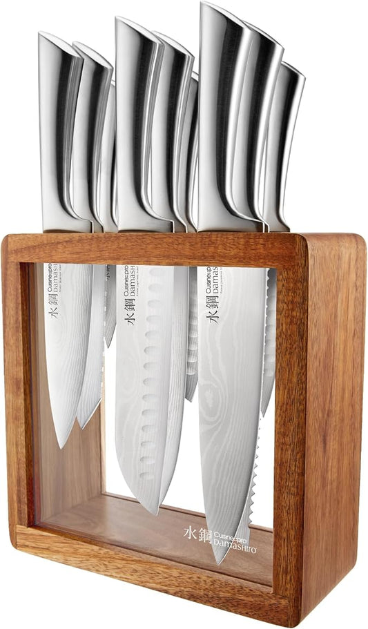 Cuisine::pro Damashiro Knife Block (Hiryu, 10-Piece Set) - Premium Japanese Steel Knife Set with Acacia Wood Block & Tempered Glass Window - Damascus-Inspired Blade