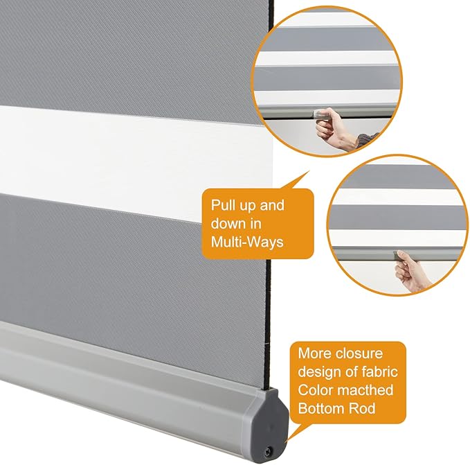 Persilux Cordless Zebra Blinds for Windows Free-Stop Roller Window Shades (58" W X 64" H, Grey) Dual Layer Light Control for Day and Night, Light Filtering Sheer Shades for Home, Easy to Install