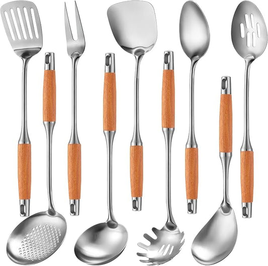9 Pcs 304 Stainless Steel Utensils Set with Wood Handle Metal Cooking Tool Spatula, Solid Spoon, Slotted Spoon, Fork, Ladle, Skimmer, Slotted Spatula Spaghetti(brown,wooden)