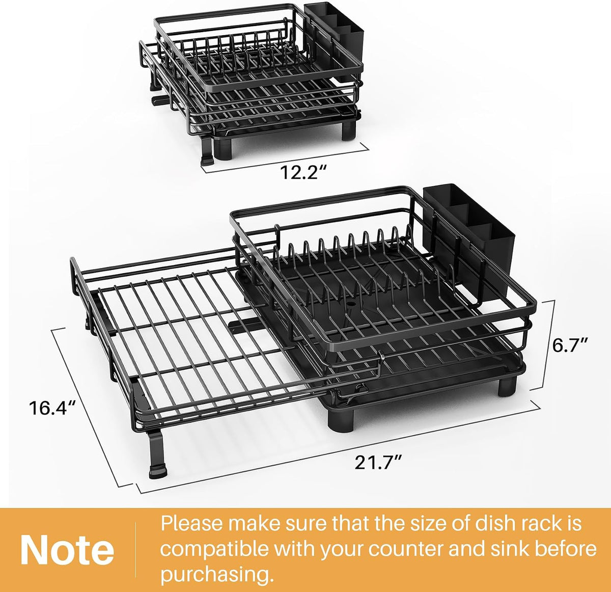 Expandable Dish Drying Rack for Kitchen Counter, Stainless Steel, Black – size reference