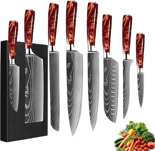 8-Piece Premium Japanese Kitchen Knife Set - Imperial Collection, Laser Damascus Pattern, 440A Stainless Steel Ultra Sharp for Fast Cutting (DMS-8A-Red)
