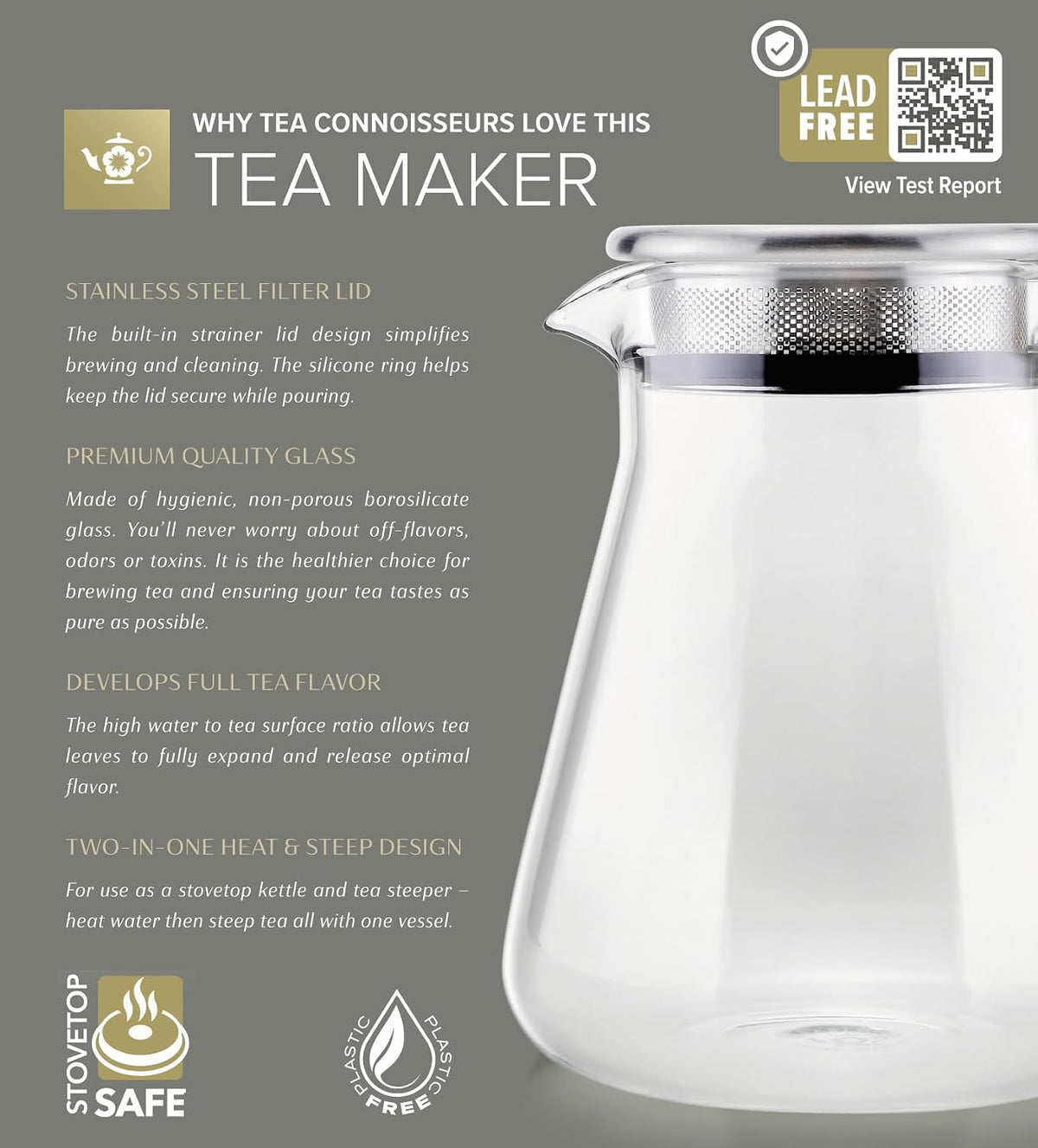 One-Touch Plastic-Free 2-in-1 Glass Teapot & Kettle, 40 oz – close-up