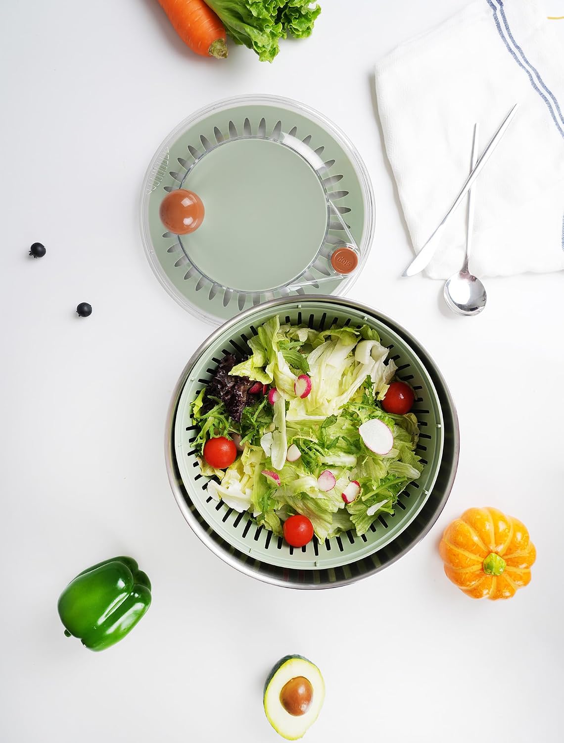 Stainless Steel Salad Spinner, BPA Free, Quick Dry & Stop, 5.3 Qt – size reference