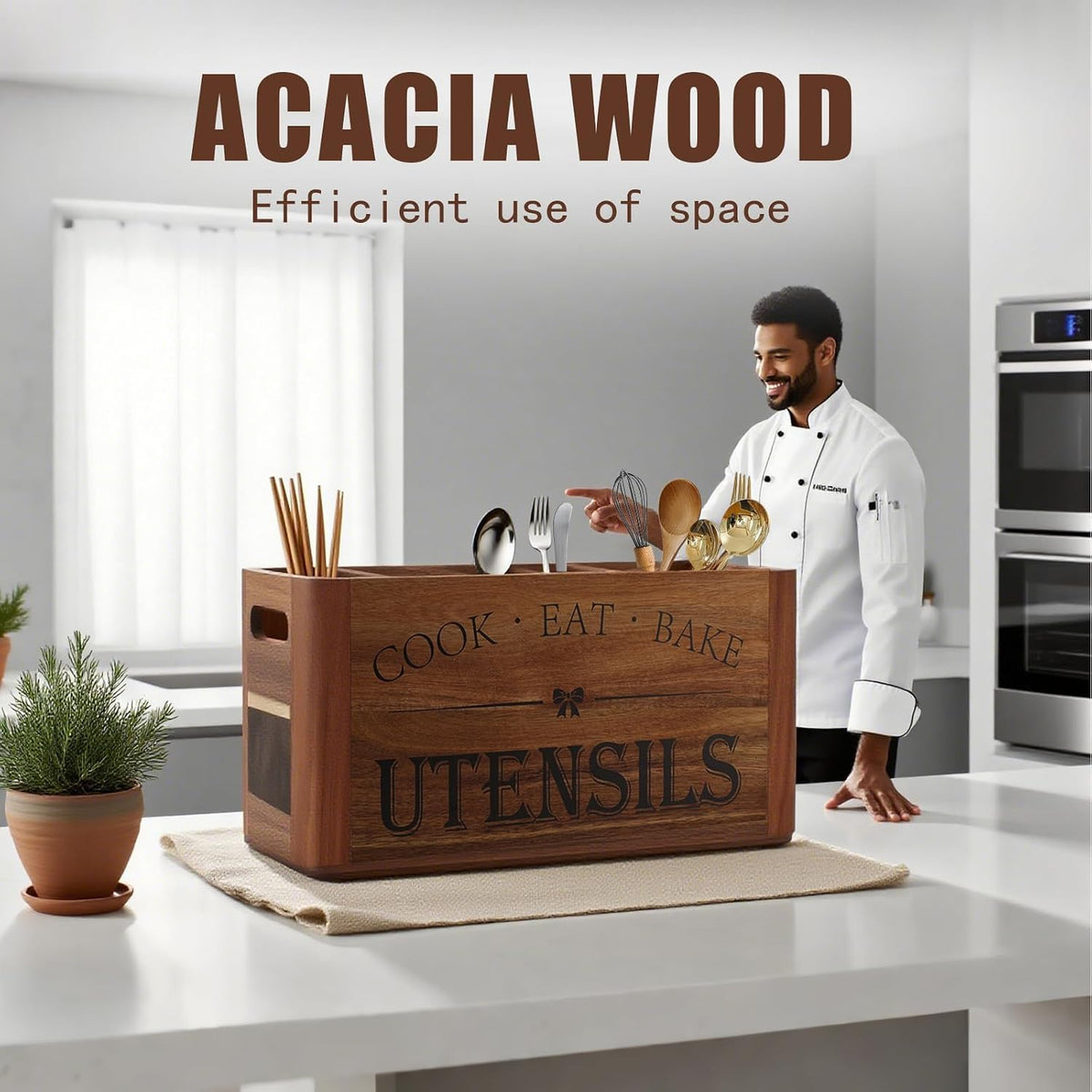 Utensil Holder for Kitchen Countertop - Extra Large 4 Compartment Wooden – size reference