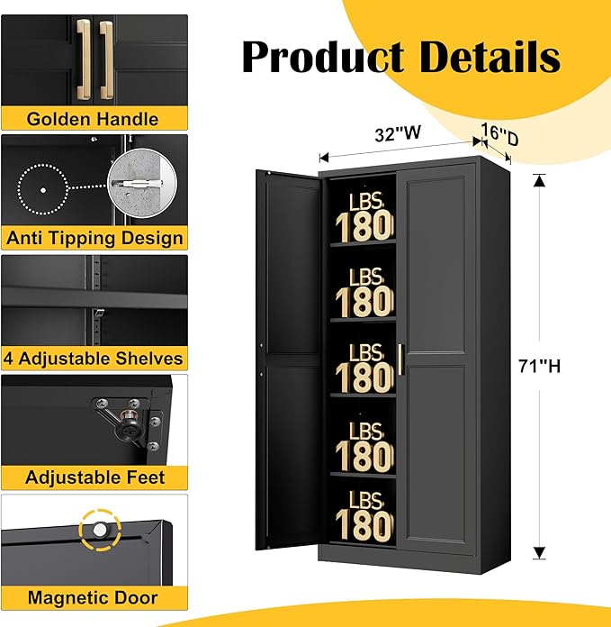 Pantry Cabinet, 71-Inch Black Metal with Doors and 4 Adjustable Shelves