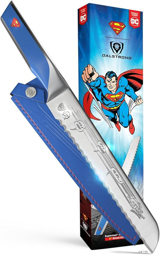 Dalstrong Serrated 8 inch Bread Knife - DC Superman™ Edition - Premium German Stainless Steel - POM Handle Full Tang - Etched Artwork Logo - Boyfriend Valentine's Gift Bread Slicer - Leather Sheath