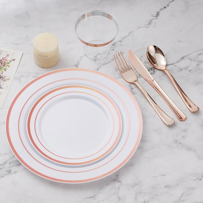 Plates Set for 100 Guests in Rose Gold, 600 Disposable Plastic Pieces
