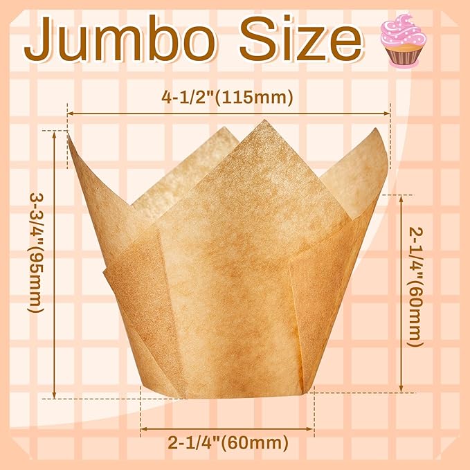 Baking Cups - 300 Count Large Tulip Muffin Liners in Light Brown Paper