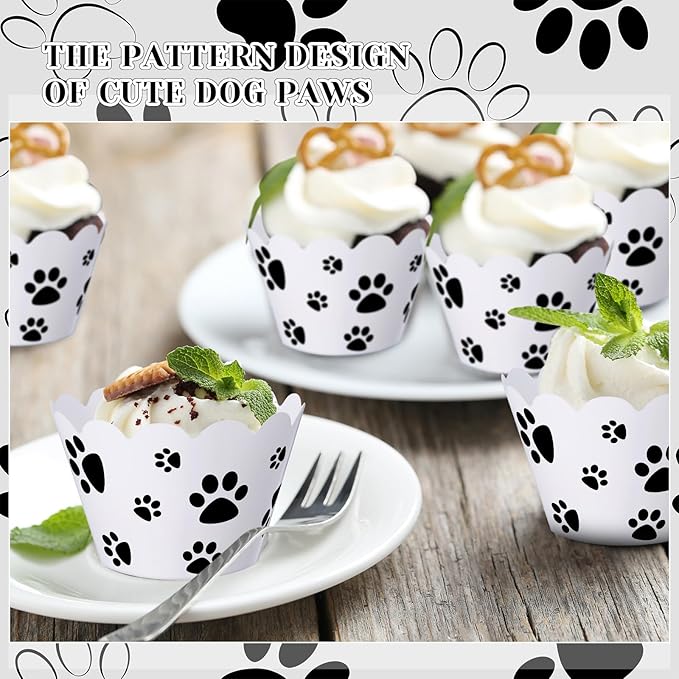 Baking Cups, 100 Count Dog Paw Print Cupcake Liners in Black and White