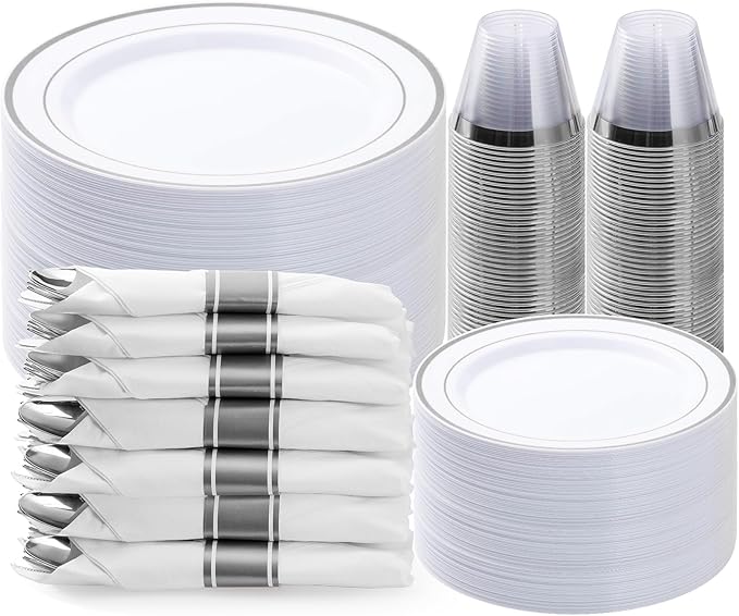 Plates Set with Silver Rim, White Plastic, 10.25-Inch Dinner Plates