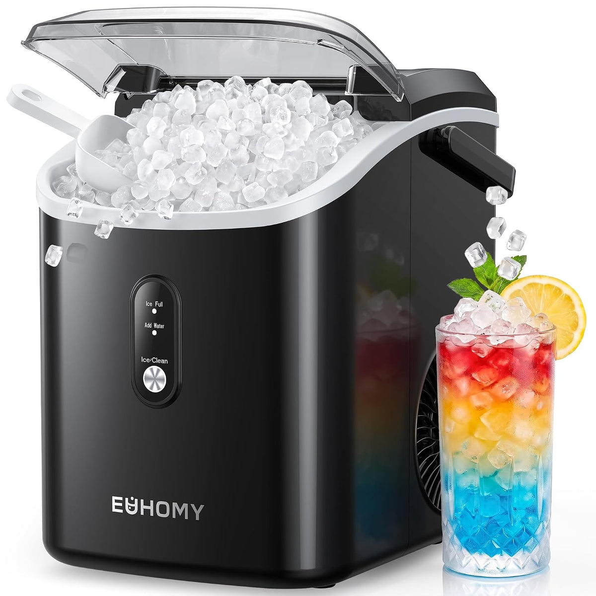 Nugget Ice Maker Countertop with Handle, Ready in 6 Mins, 34lbs Per Day