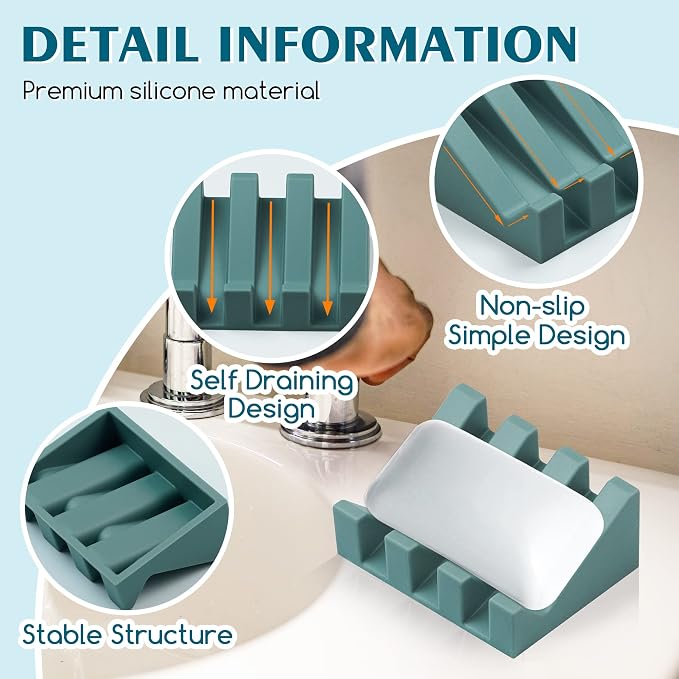 Self-Draining Silicone Soap Dish, Green and Black, 2-Pack for Shower