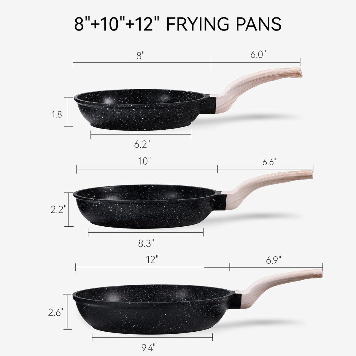 Non Stick Frying Pan, Black 8"+10"+12" Granite Skillet Set – detail