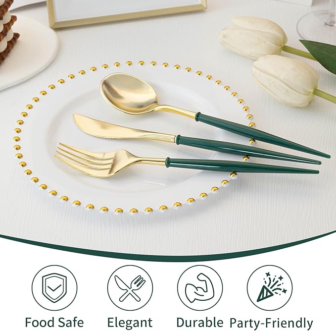 Plastic Spoons, Forks and Knives Set, 90 Pieces, Gold with Green Handles