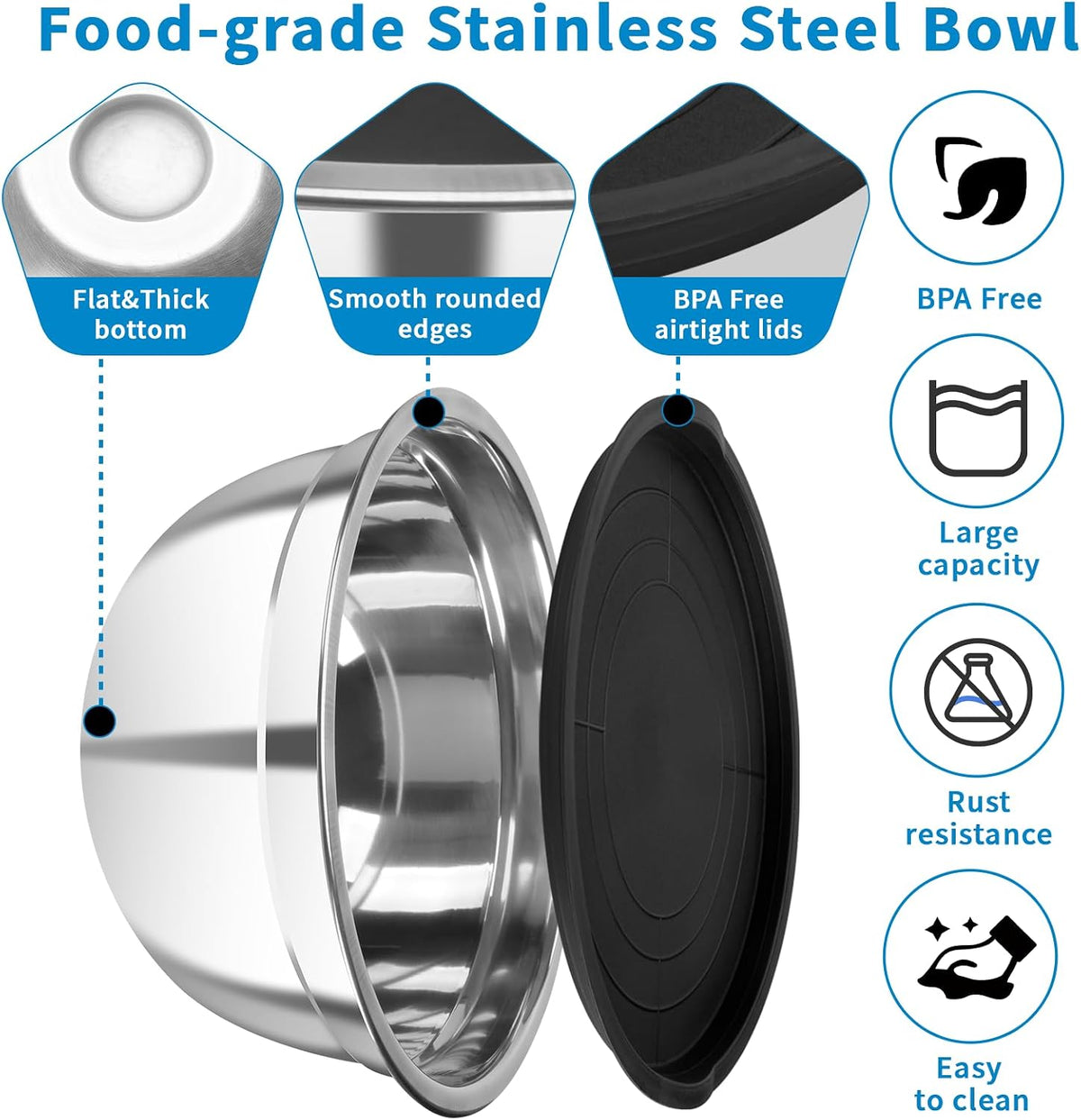 Stainless Steel Mixing Bowls with Lids, 7-Piece Nesting Bowl Set – close-up