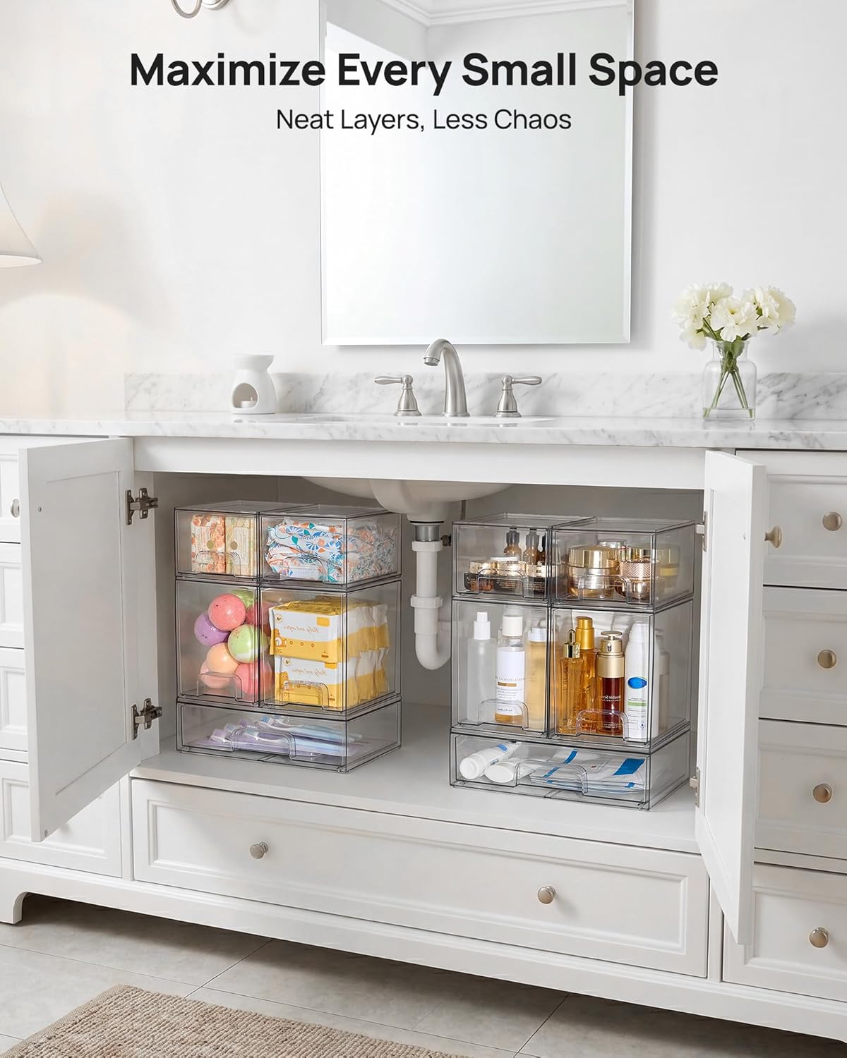 Clear Stackable Storage Drawers Set of 5, Plastic Organizer Bins – size reference