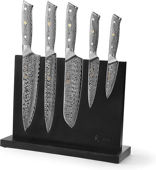 Wakoli Damascus Knife Block Set – 5-Piece Professional Chef Knife Collection with Magnetic Block | Genuine 67-Layer Damascus Steel Blades with VG10 Core | Ergonomic G10 Handles (Noir Blanc)