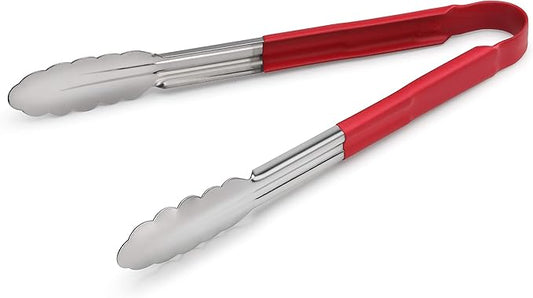 New Star Foodservice 35773 12-Inch Utility Spring Tongs, Stainless Steel, Vinyl Coated, Set of 12, Red