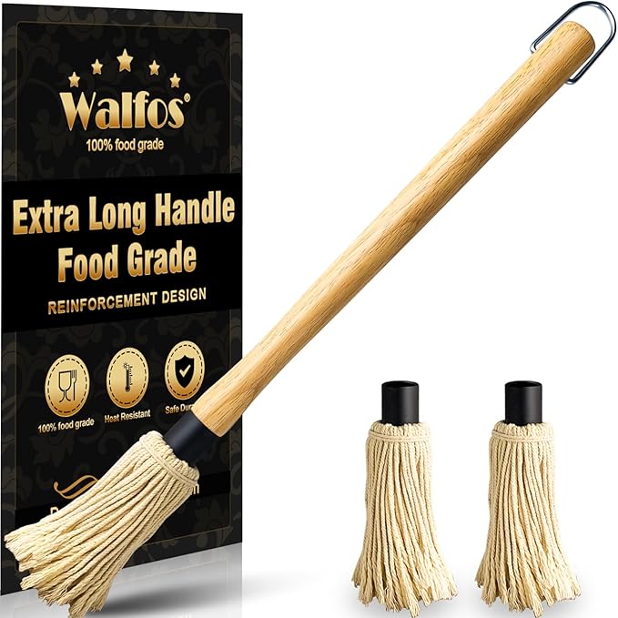 Walfos BBQ Mop Brushes for Sauce, Grilling Basting Mop Wooden Long Handle with 3 Heads, for Grilling, Barbecue, Smoking Steak (18")