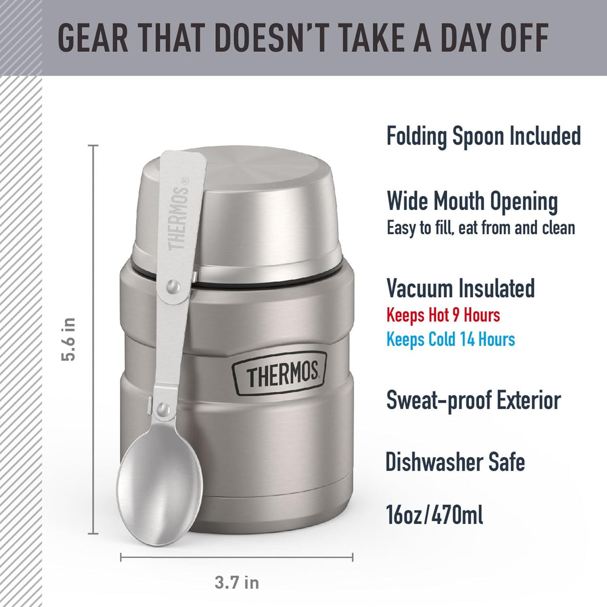 Stainless King Food Jar with Spoon, 16oz, Matte Steel – detail