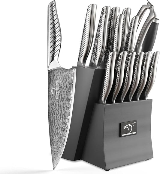 NANFANG BROTHERS® 16 Pieces Damascus Kitchen Knife Set, High Carbon Damascus Steel Chef Knife Set, Stainless Steel Ergonomic Handle for Chef, with Built-in Sharpening Rod