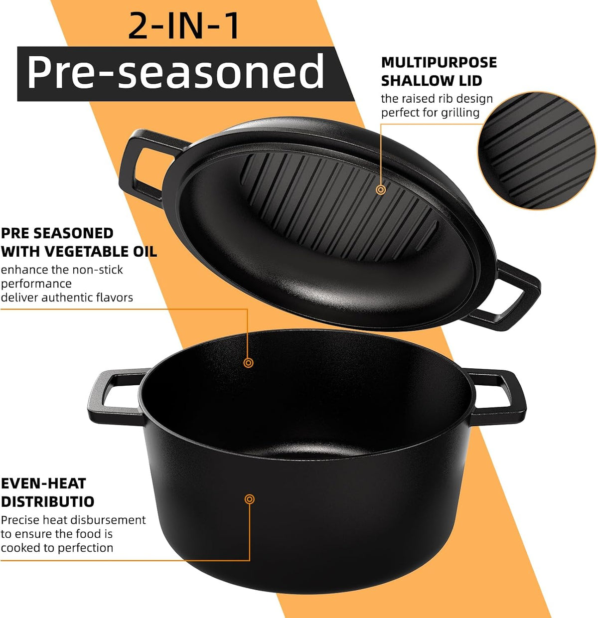 Cast Iron Dutch Oven Pot with Skillet Lid – Pre-Seasoned – Skillet Lid Cooking – detail