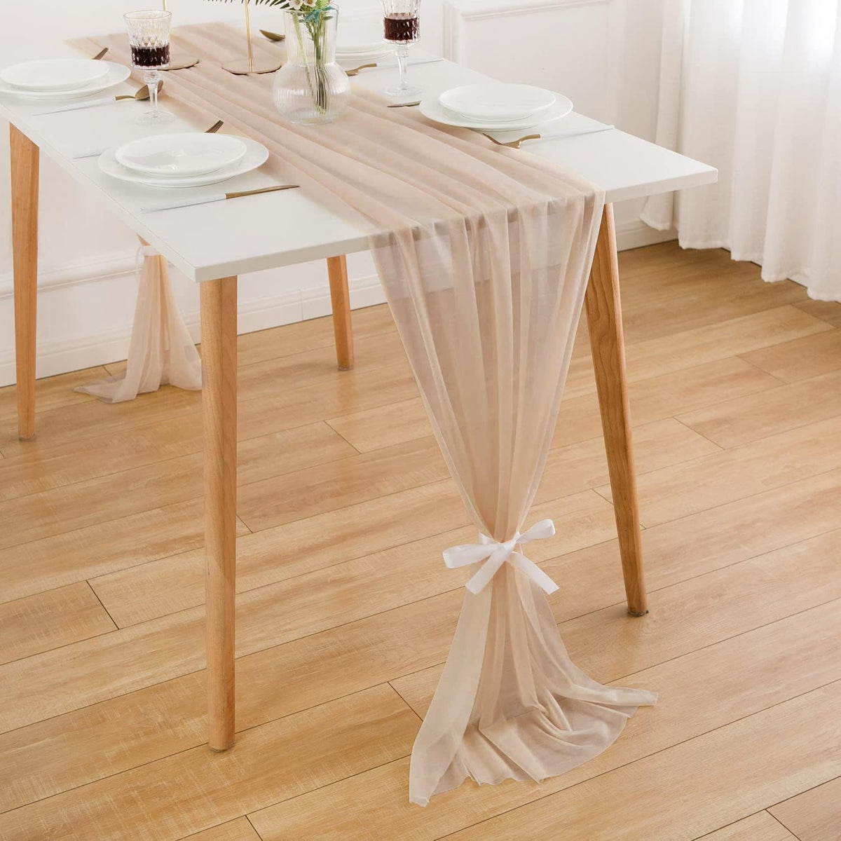 10 Pack Champagne Chiffon Table Runner 30x120 Inches Romantic Sheer Wedding – set view