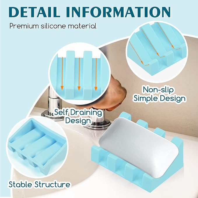 Soap Dish, Silicone Bar Soap Holder with Drainage, Sky Blue