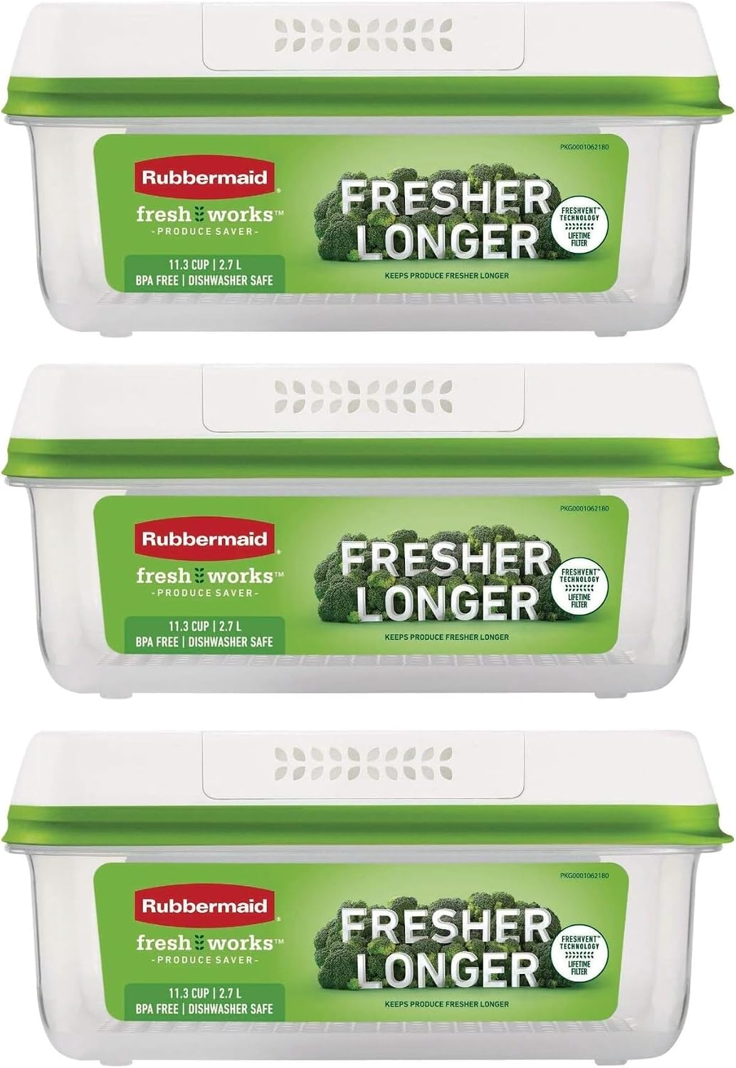 FreshWorks Produce Saver, Large Storage Containers With Lids, Pack of 3