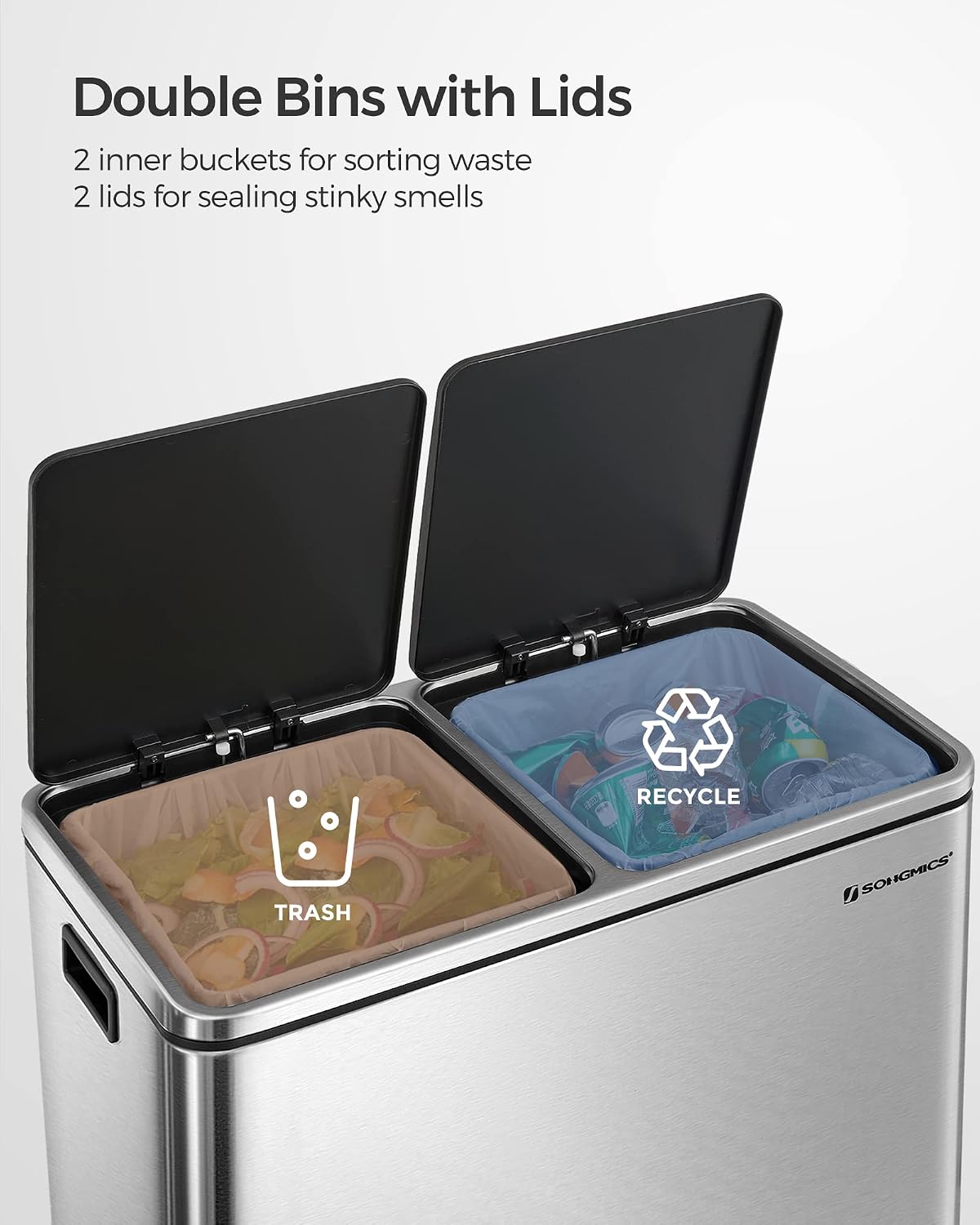 Trash Can, 2 x 8 Gallon (2 x 30 L), Silver and Black – close-up