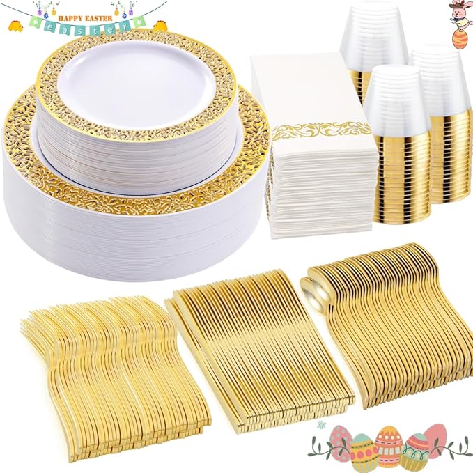 Plates: Gold Plastic Disposable Set for 50 Guests, Dinner and Dessert Sizes