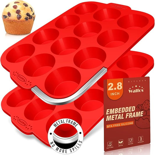 Walfos Silicone Muffin Pan with Metal Frame, 2.8 Inch Regular Size Silicone Cupcake Pan Muffin Tin, Non-Stick 12 Cups Egg Bites Molds for Baking, BPA Free, Dishwasher Safe, 2 Pack