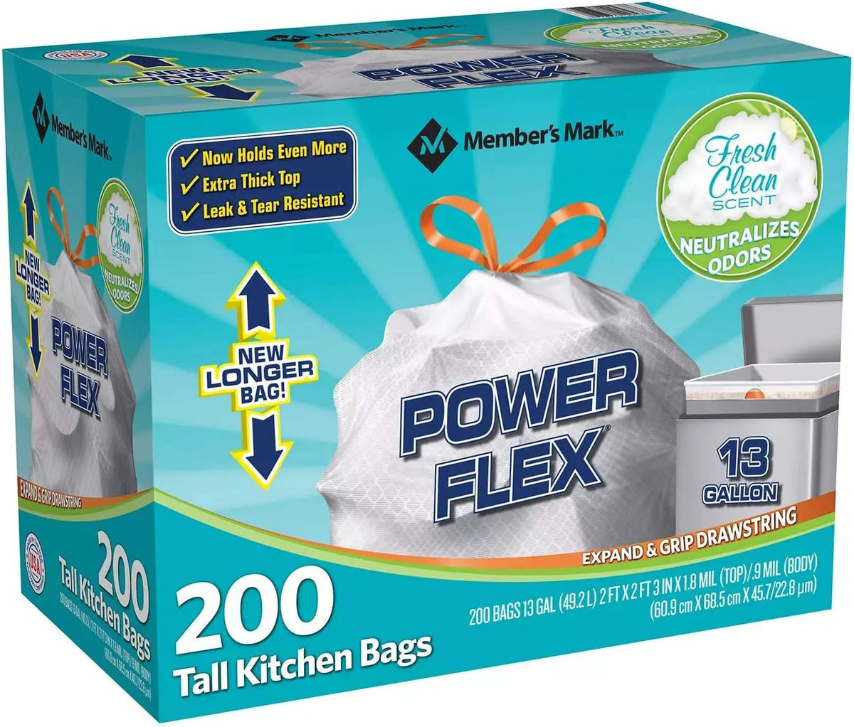 Member's Mark Power Flex Tall Kitchen Drawstring Trash Bags (13 Gallon, 2 Rolls – detail