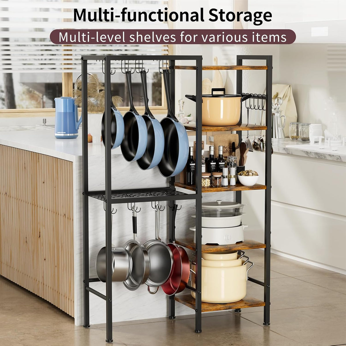 5-Tier Pot and Pan Organizer Rack with Hooks, Heavy-Duty Kitchen Storage Shelf – close-up