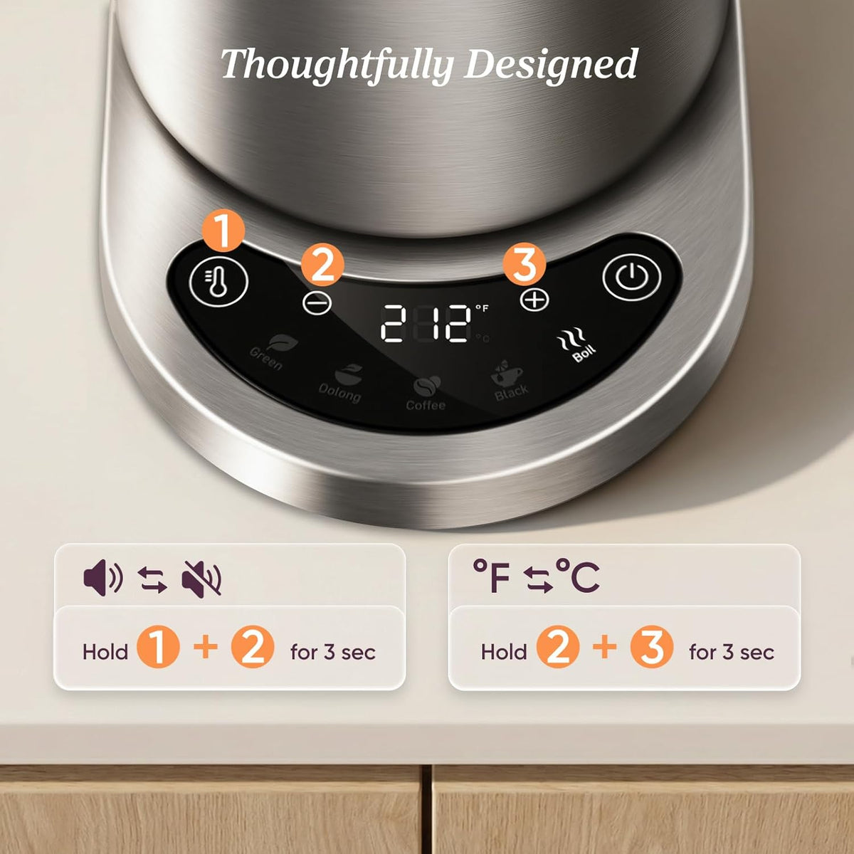 Stainless Steel Electric Kettle with Temperature Control, 1.7L – another angle