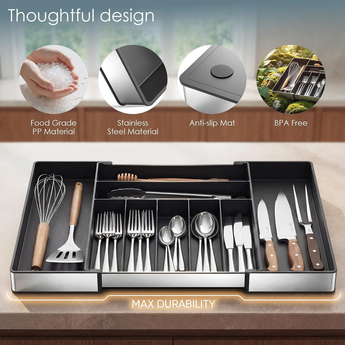 Silverware Drawer Organizer, 9 Slots Expandable Kitchen Drawer Organizer – detail